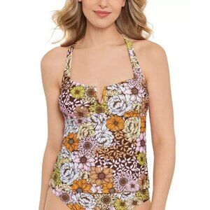 Salt & Cove Juniors V-Wire Tankini Top Crossover Straps Floral Print Brown L